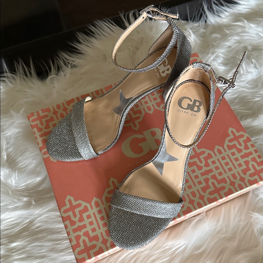 Gianni Bini Glittering Silver Ankle Strap Heels
